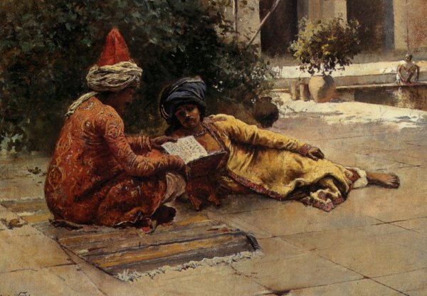 Two Arabs Reading In A Courtyard